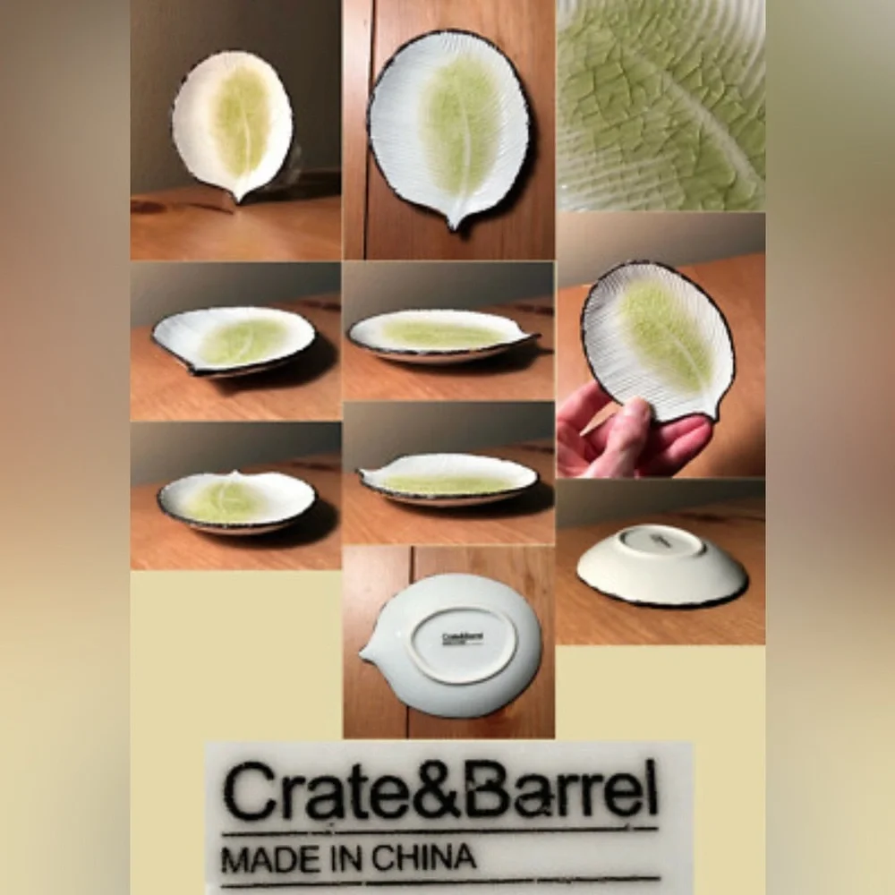 CRATE & BARREL Crackle Glaze Leaf-Shaped Porcelain Jewelry Key Coin Dish#0915253